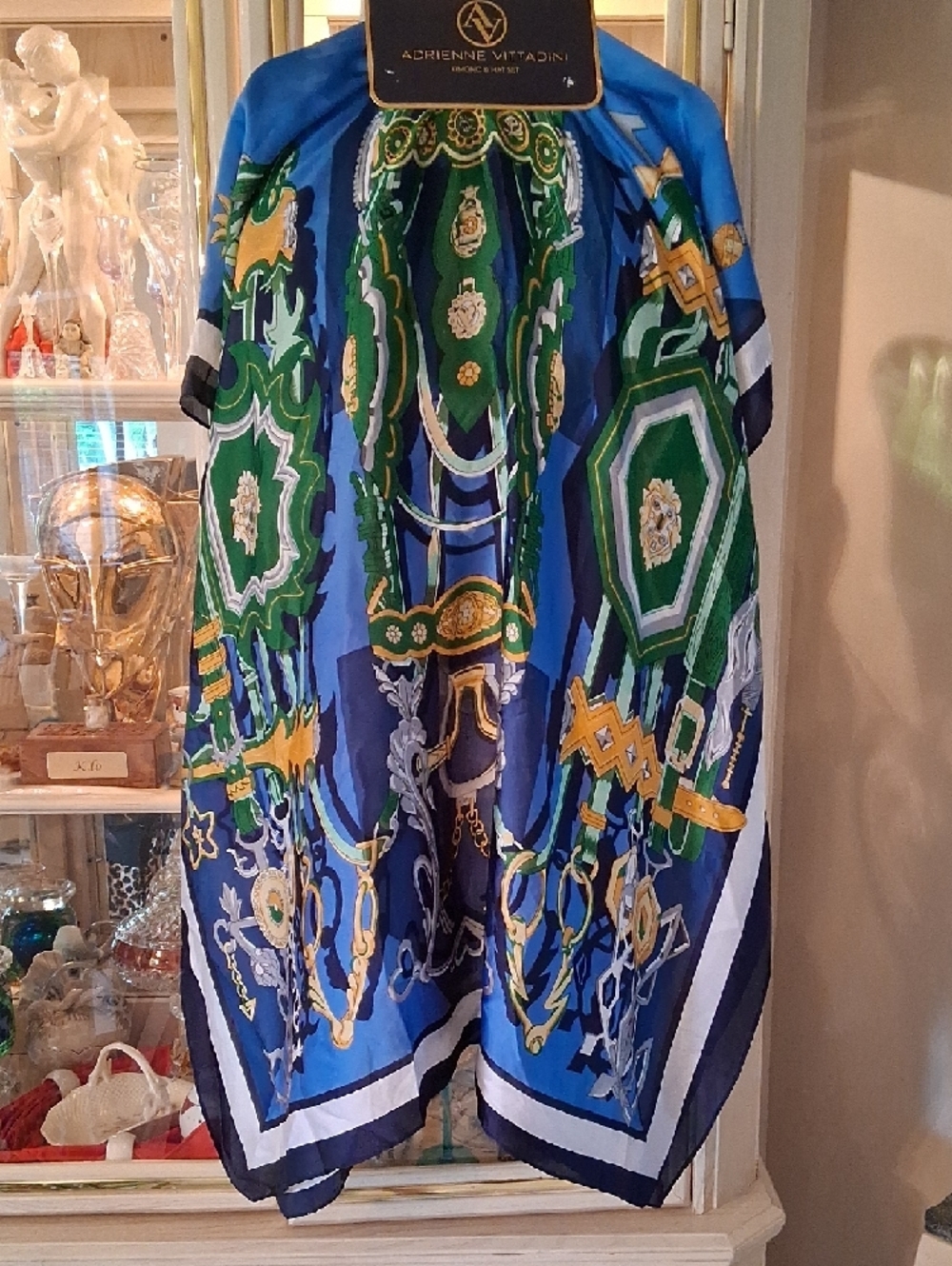 Adrienne Vittadini Blue, Green & Navy Silk Resort Kimono &  Straw Hat Set. NWT. - Picture 2 of 16
